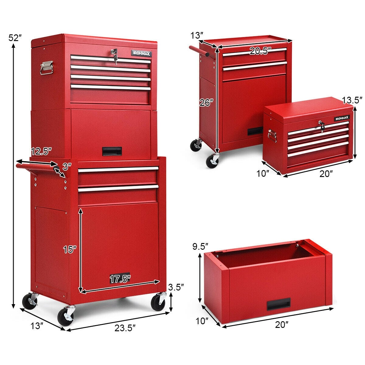 6-Drawer Tool Chest with Heightening Cabinet-Red-Garden Tools-DECOROLALA