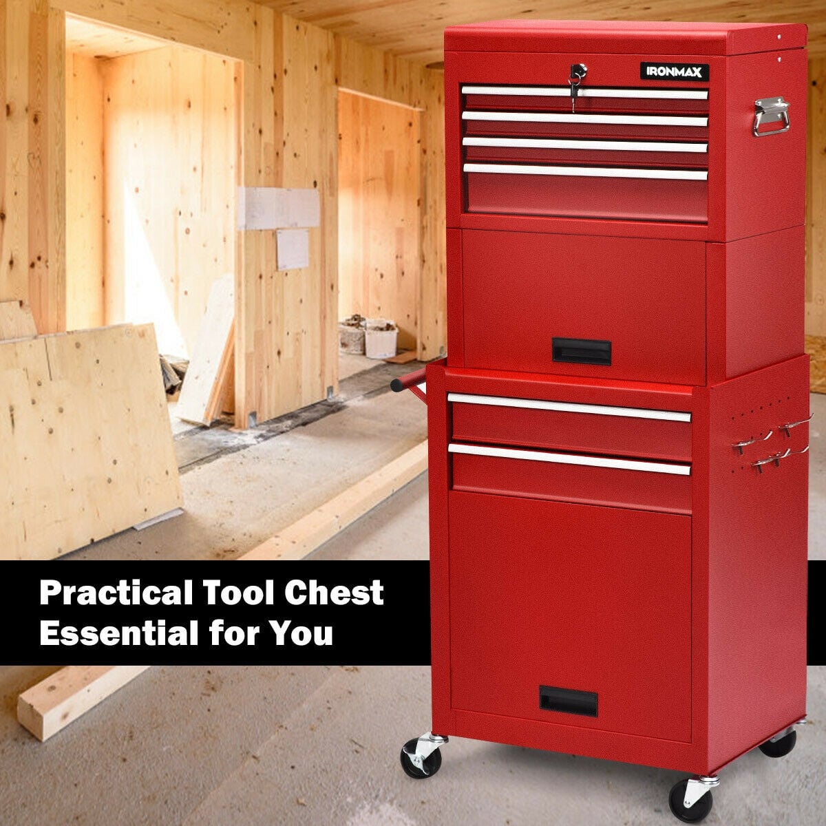 6-Drawer Tool Chest with Heightening Cabinet-Red-Garden Tools-DECOROLALA