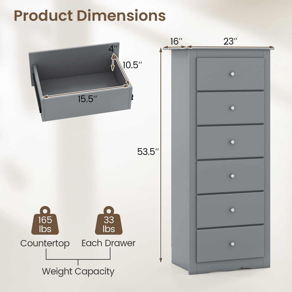 6 Drawers Chest Dresser Gray (min order qty 2)-Dressers & Chests-DECOROLALA