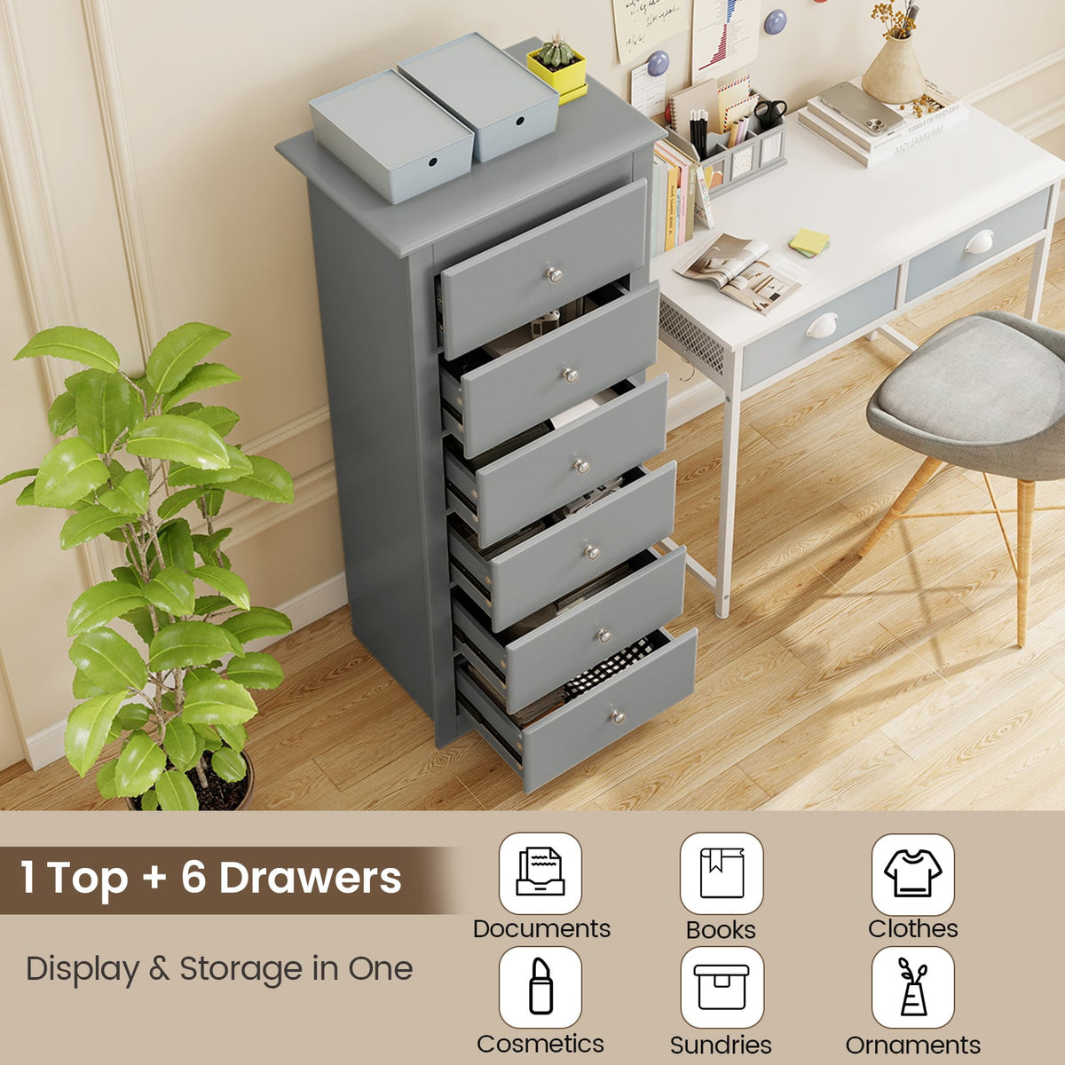 6 Drawers Chest Dresser Gray (min order qty 2)-Dressers & Chests-DECOROLALA