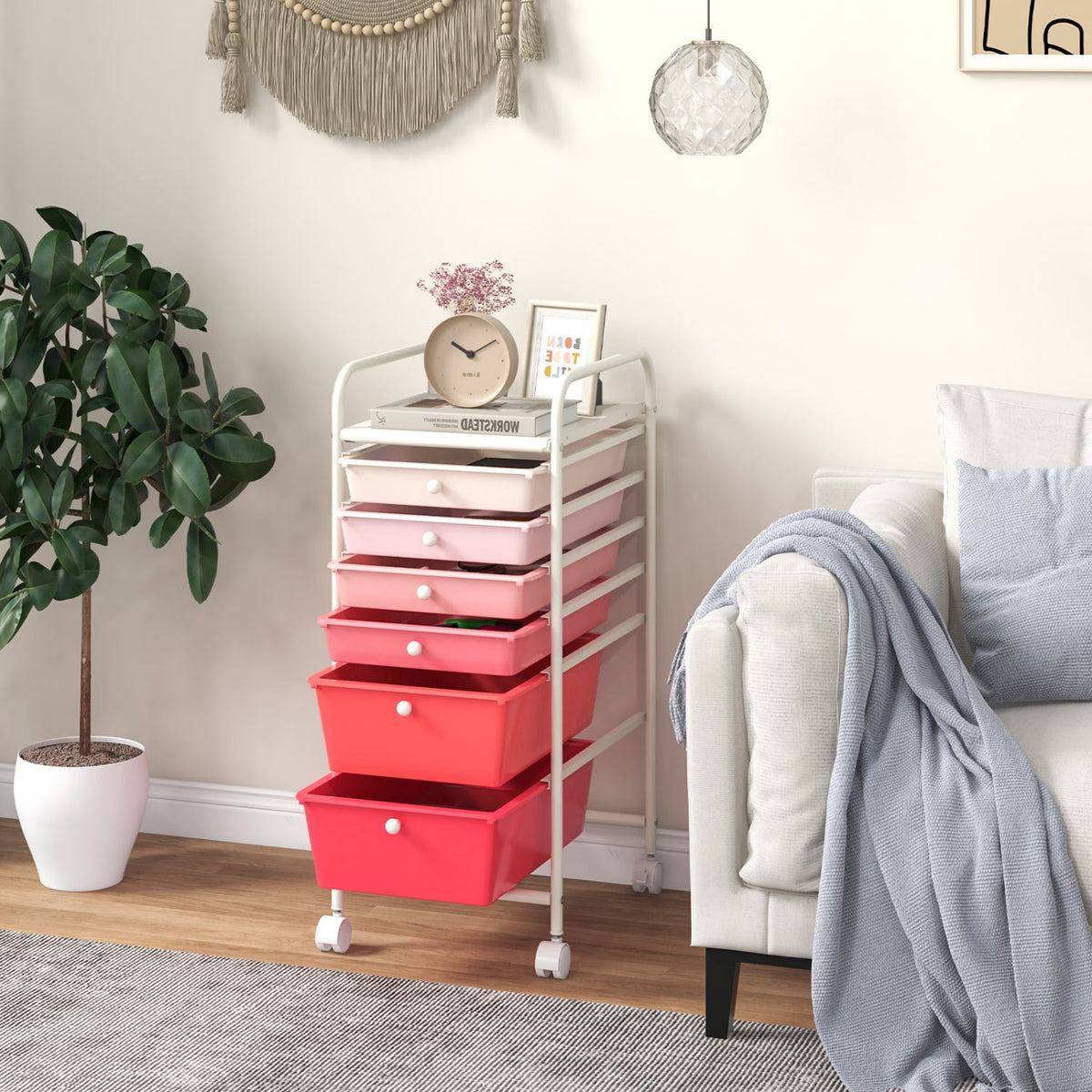 6 Drawers Rolling Storage Cart Organizer-Pink-File Cabinets-DECOROLALA