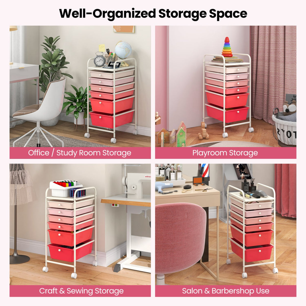 6 Drawers Rolling Storage Cart Organizer-Pink-File Cabinets-DECOROLALA