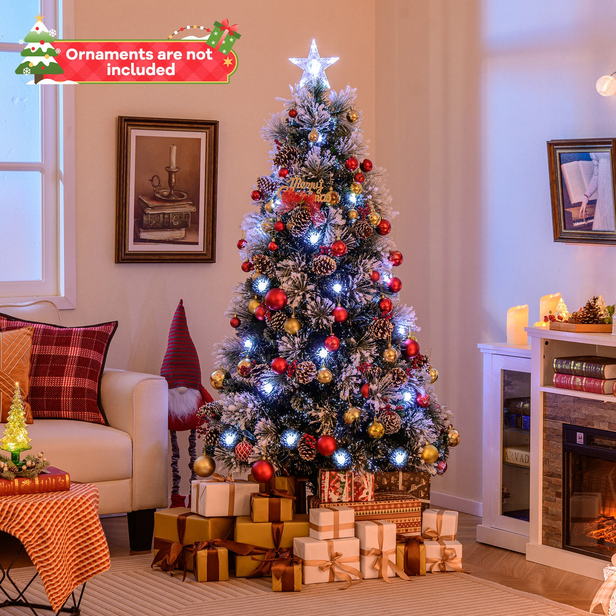 6 FT Flocked Christmas Tree with 8 Lighting Modes-Christmas Trees-DECOROLALA