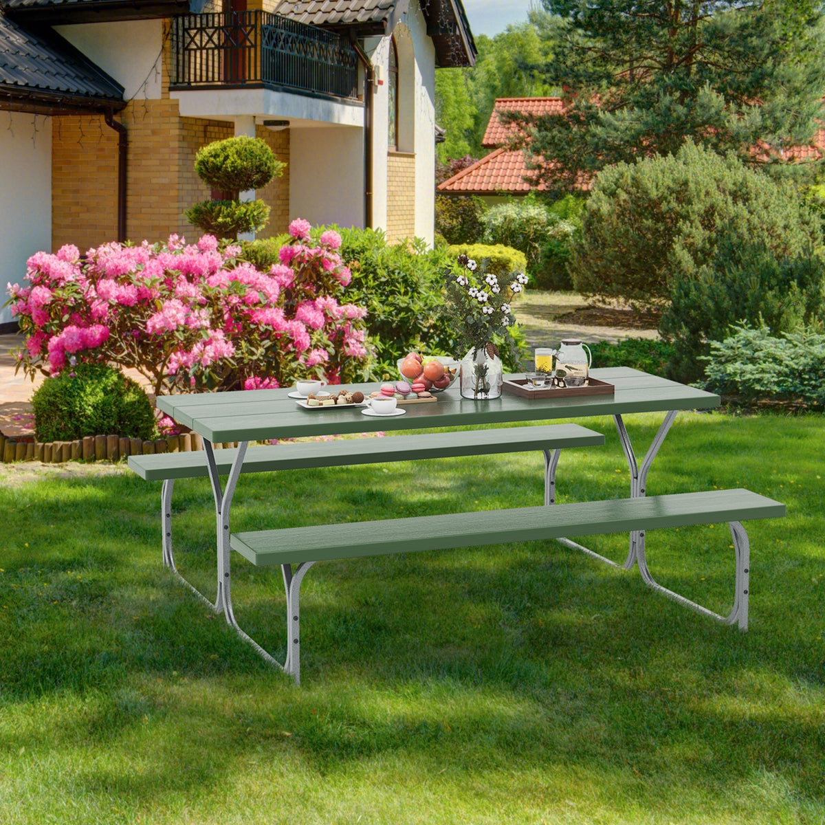 6 FT Picnic Table Bench Set Dining Table and 2 Benches with Metal Frame and HDPE Tabletop-Green-Picnic Tables-DECOROLALA