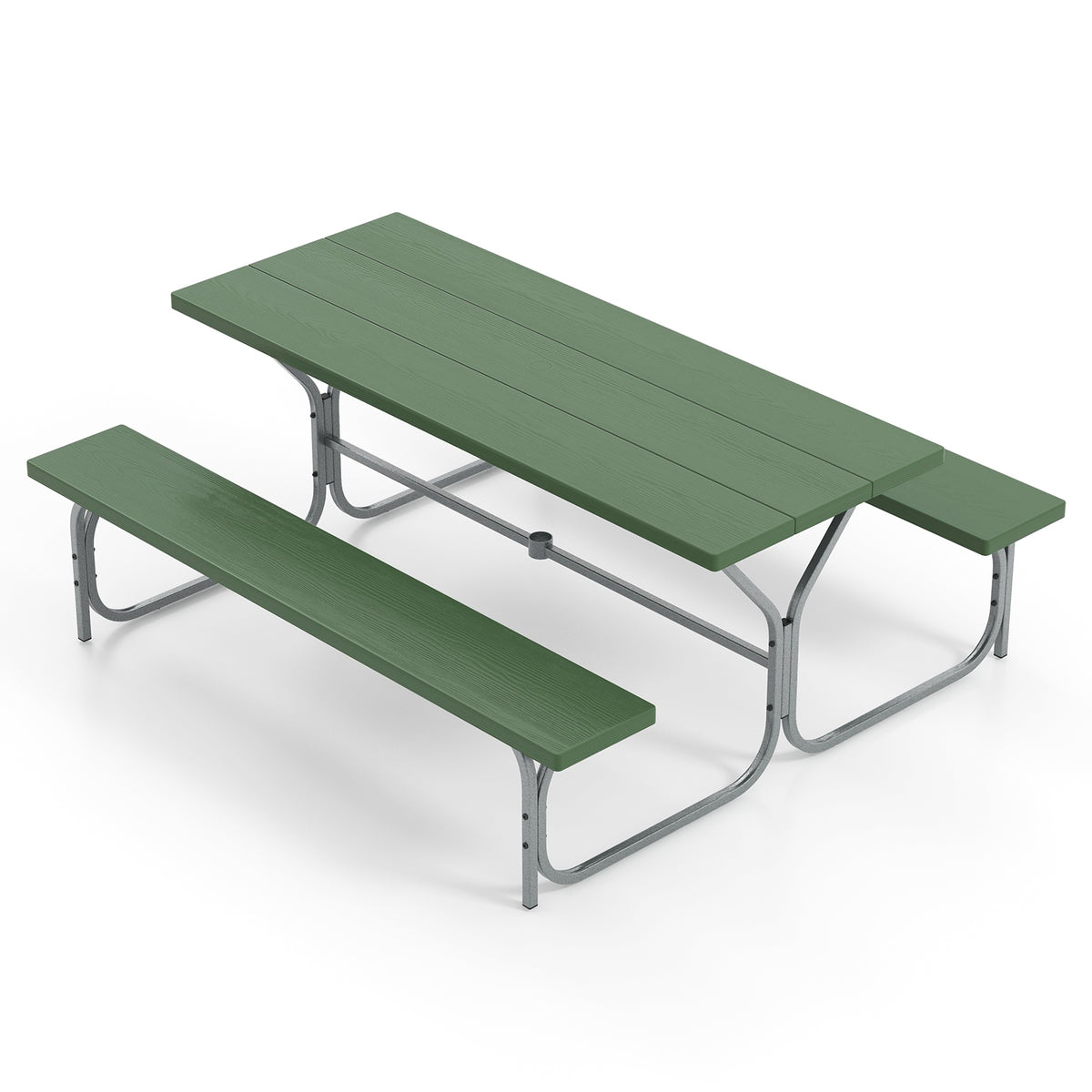 6 FT Picnic Table Bench Set Dining Table and 2 Benches with Metal Frame and HDPE Tabletop-Green-Picnic Tables-DECOROLALA