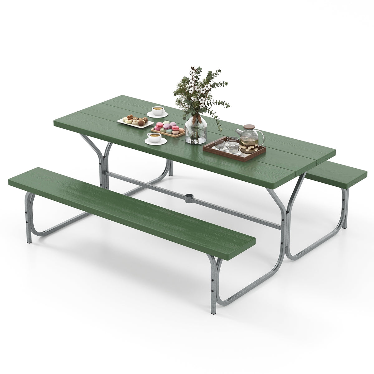 6 FT Picnic Table Bench Set Dining Table and 2 Benches with Metal Frame and HDPE Tabletop-Green-Picnic Tables-DECOROLALA
