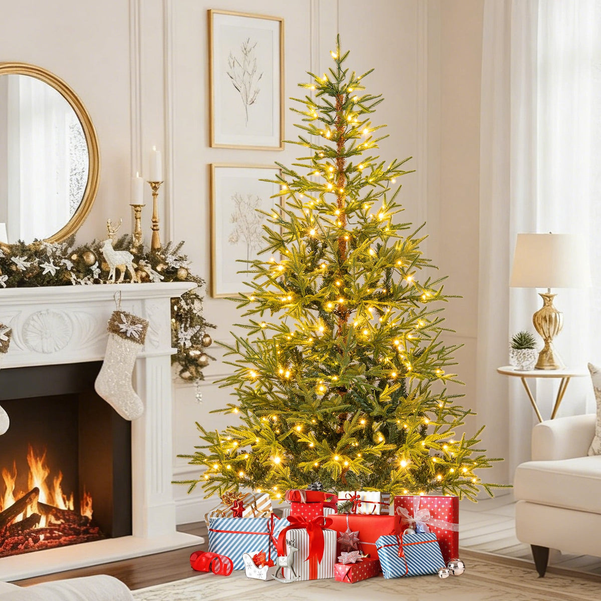 6 FT Pre-Lit Artificial Christmas Tree Hinged Xmas Tree with 250 Warm White & Multicolored LED Lights-Christmas Trees-DECOROLALA