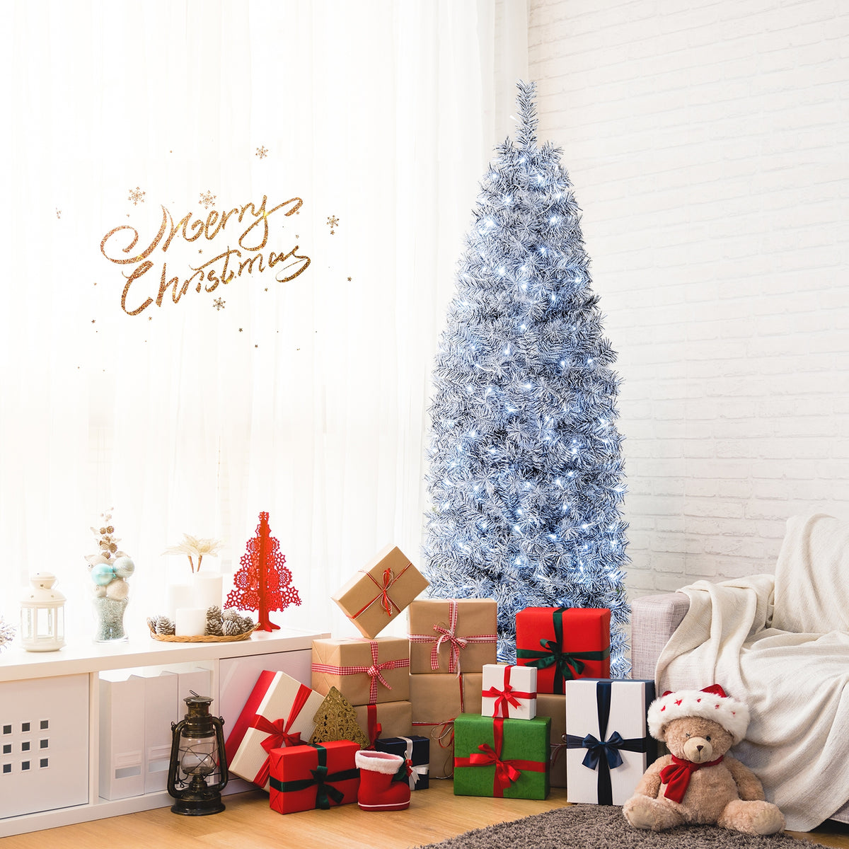 6 FT Pre-Lit Artificial Christmas Tree with 250 Cool-White LED Lights Black and White-6 ft-Christmas Trees-DECOROLALA