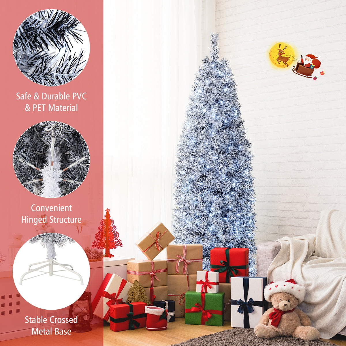 6 FT Pre-Lit Artificial Christmas Tree with 250 Cool-White LED Lights Black and White-6 ft-Christmas Trees-DECOROLALA