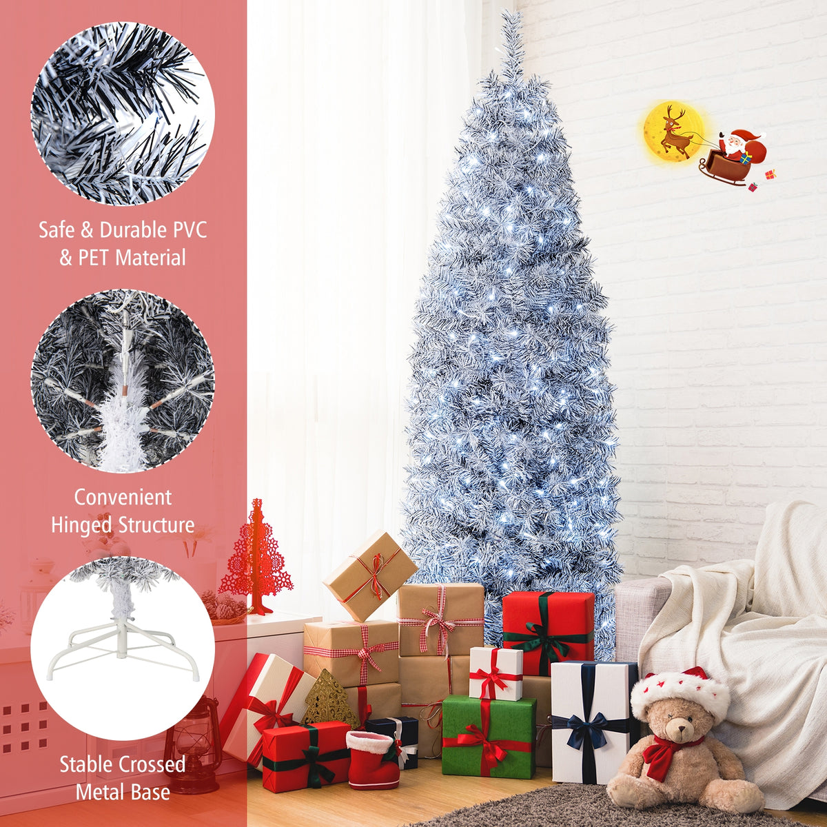 6 FT Pre-Lit Artificial Christmas Tree with 250 Cool-White LED Lights Black and White-7 ft-Christmas Trees-DECOROLALA