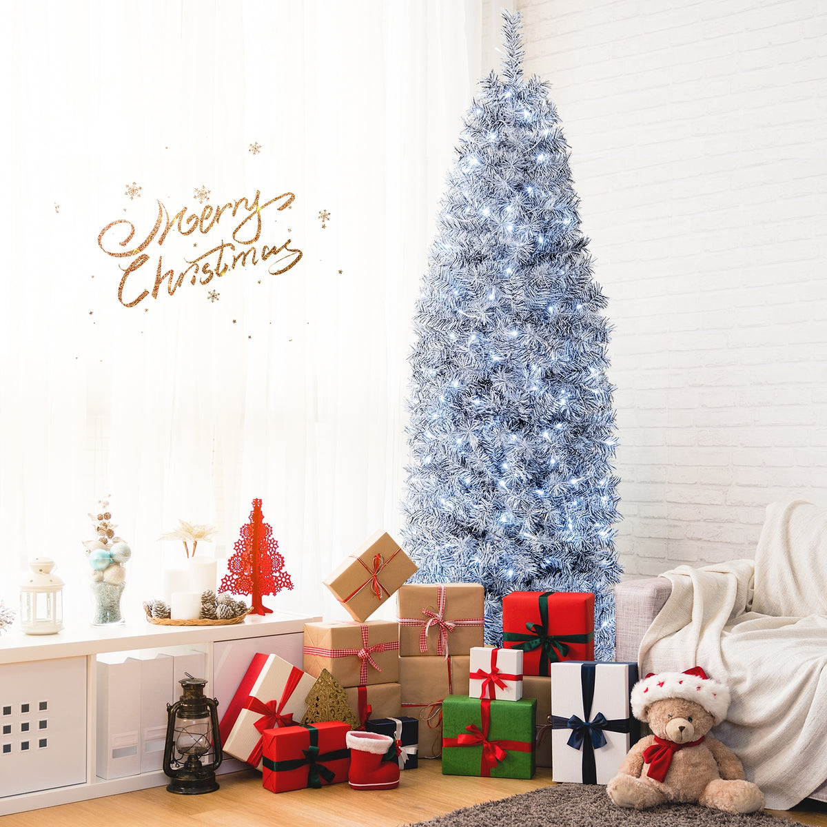 6 FT Pre-Lit Artificial Christmas Tree with 250 Cool-White LED Lights Black and White-7 ft-Christmas Trees-DECOROLALA