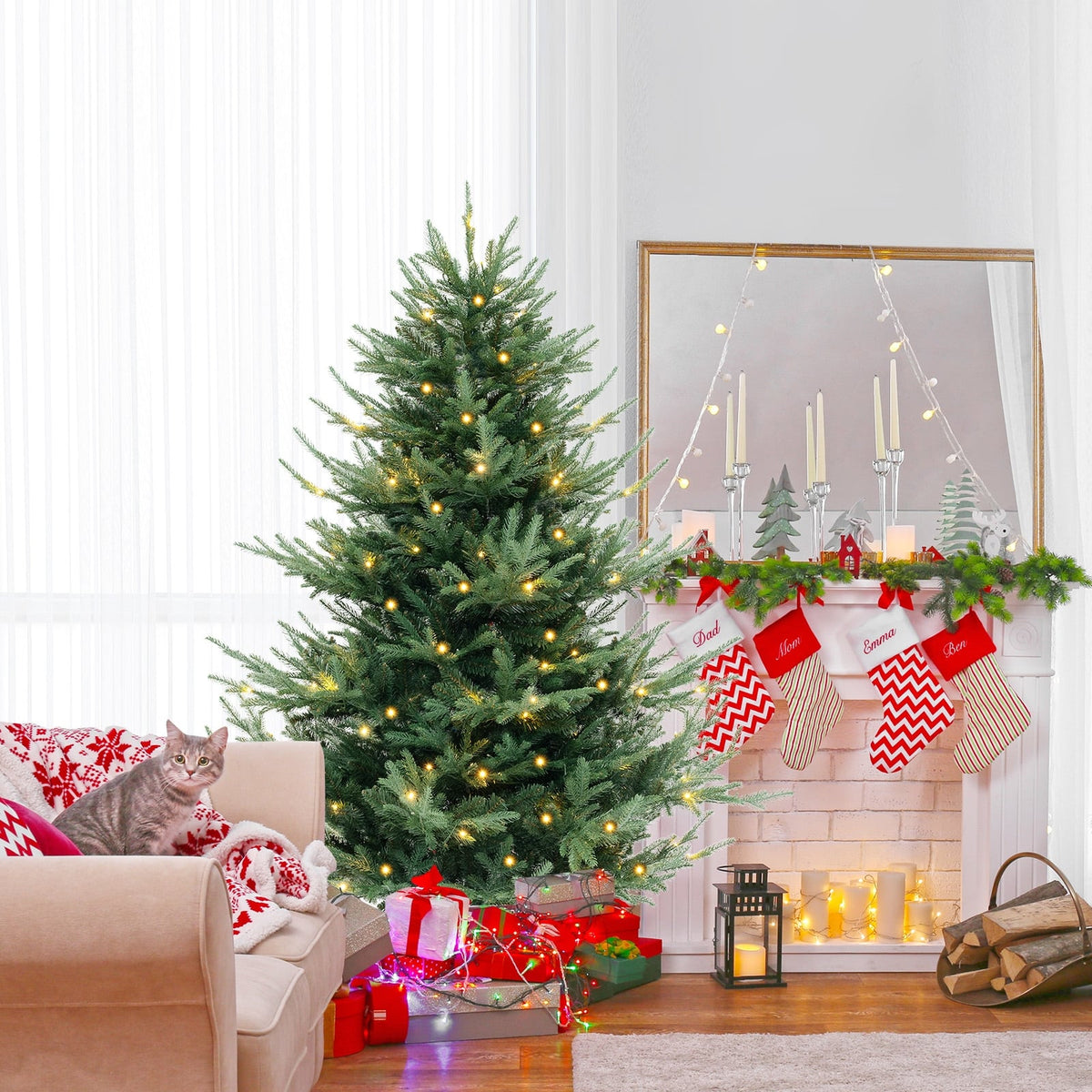 6 FT Pre-Lit Artificial Hinged Xmas Tree with 778 PVC and PE Branch Tips-M-Christmas Trees-DECOROLALA