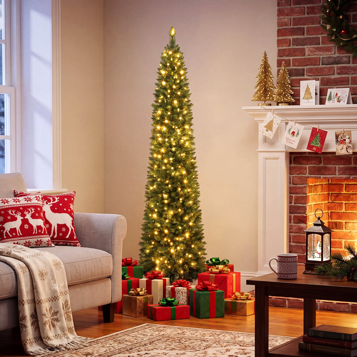 6 FT Pre-Lit Pencil Christmas Tree with 180 Warm White LED Lights-Christmas Trees-DECOROLALA