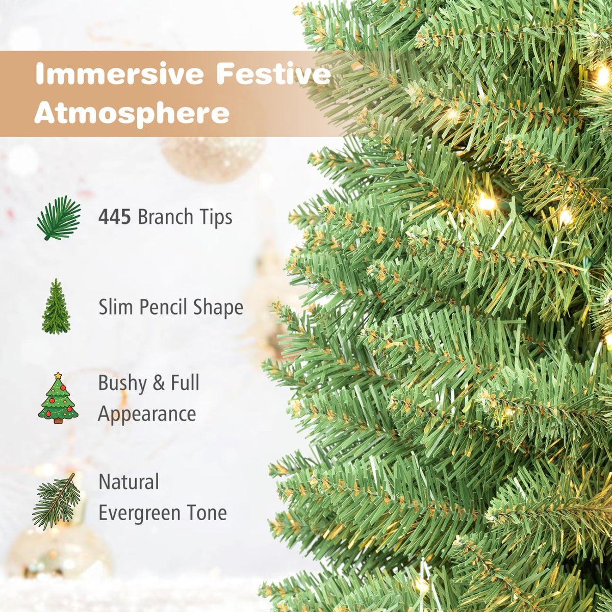 6 FT Pre-Lit Pencil Christmas Tree with 180 Warm White LED Lights-Christmas Trees-DECOROLALA