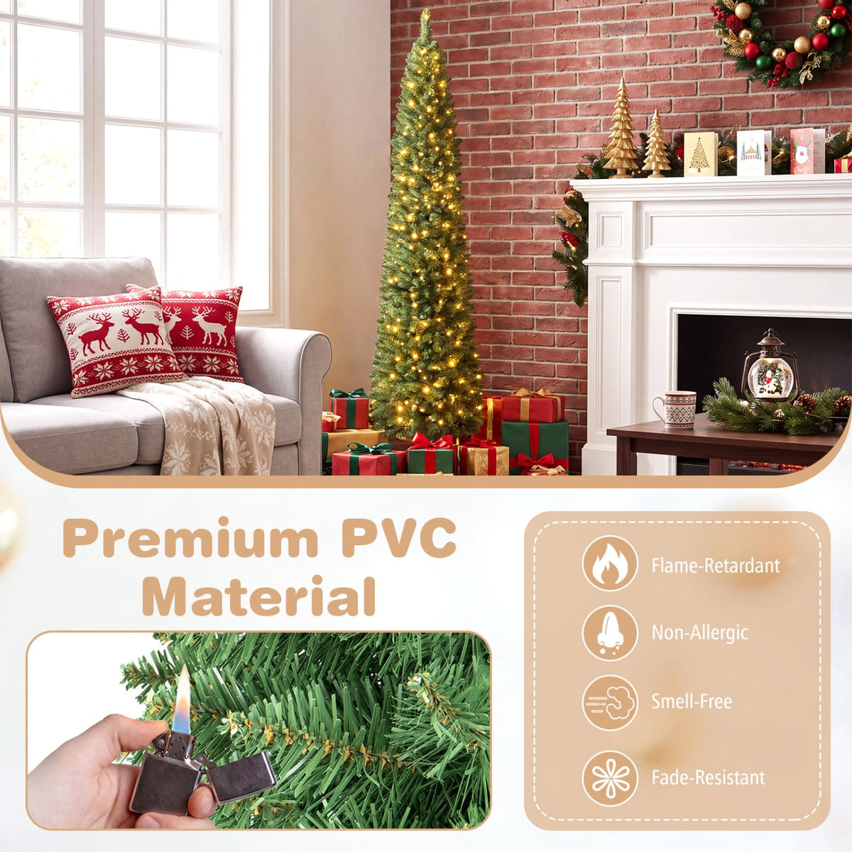 6 FT Pre-Lit Pencil Christmas Tree with 180 Warm White LED Lights-Christmas Trees-DECOROLALA