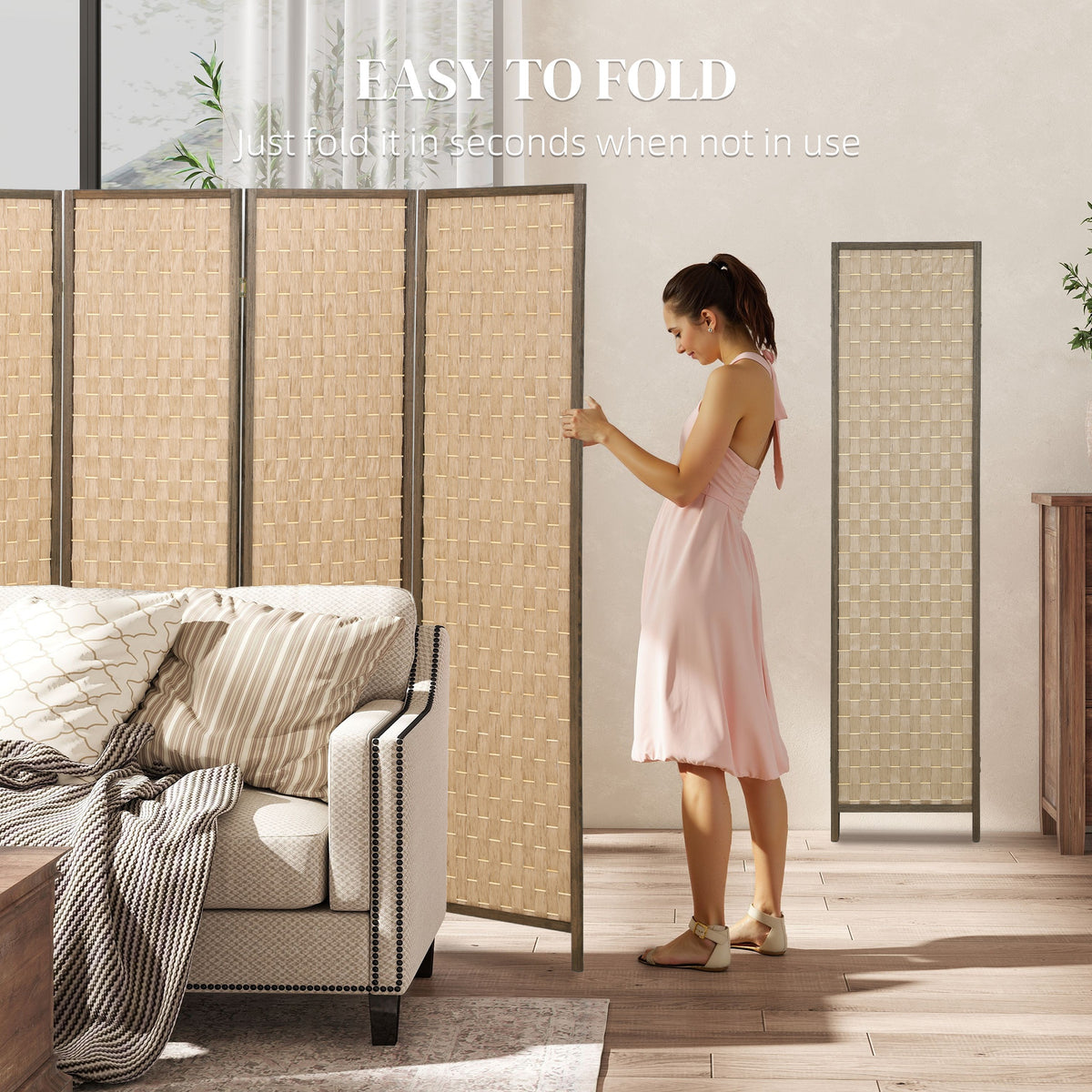 6 FT Room Divider - 4 Panel Folding Privacy Screen Brown-Home Furnishings > Living Room Furniture > Room Dividers-DECOROLALA