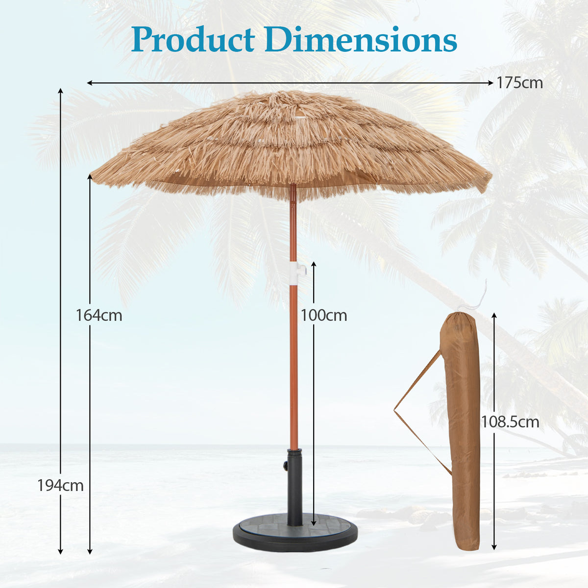 6 FT Thatched Beach Umbrella with Push Button Tilt Carrying Bag Set of 2-Natural-Outdoor Umbrellas-DECOROLALA