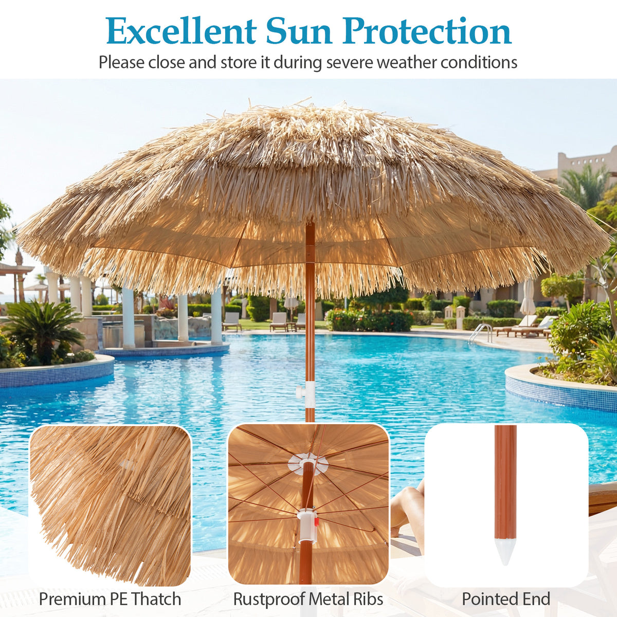 6 FT Thatched Beach Umbrella with Push Button Tilt Carrying Bag Set of 2-Natural-Outdoor Umbrellas-DECOROLALA
