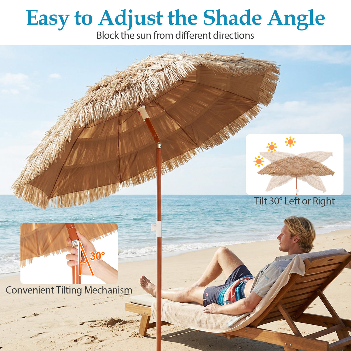 6 FT Thatched Beach Umbrella with Push Button Tilt Carrying Bag Set of 2-Natural-Outdoor Umbrellas-DECOROLALA