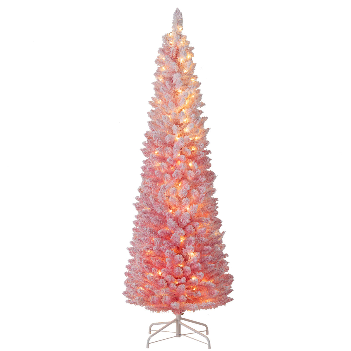 6 FTSnow-flocked Artificial Pink Christmas Tree Pre-lit Hinged Xmas Tree for Holiday Decoration-Christmas Trees-DECOROLALA