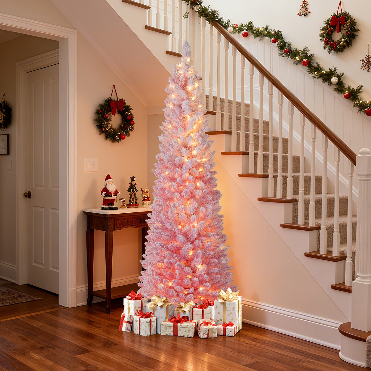 6 FTSnow-flocked Artificial Pink Christmas Tree Pre-lit Hinged Xmas Tree for Holiday Decoration-Christmas Trees-DECOROLALA