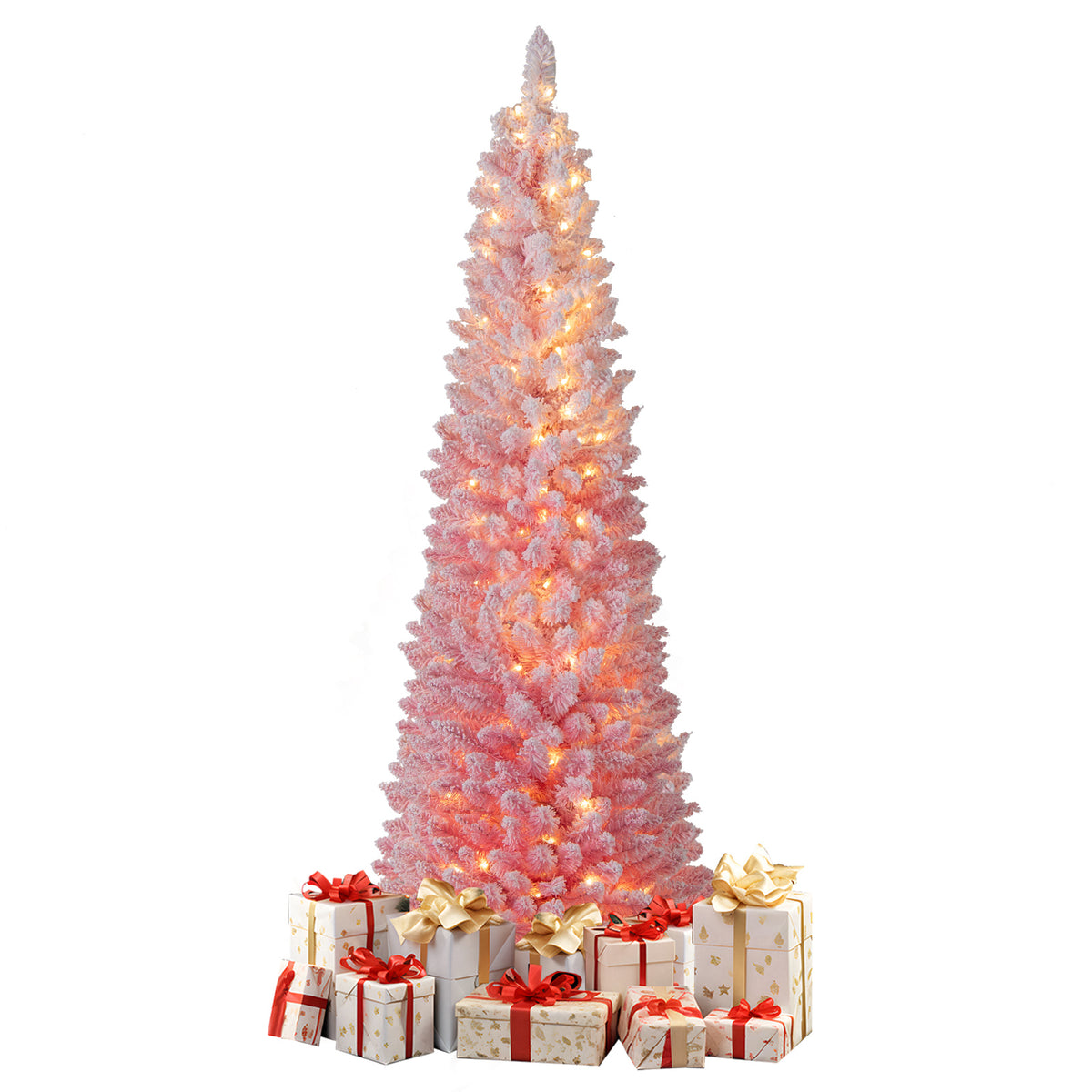 6 FTSnow-flocked Artificial Pink Christmas Tree Pre-lit Hinged Xmas Tree for Holiday Decoration-Christmas Trees-DECOROLALA