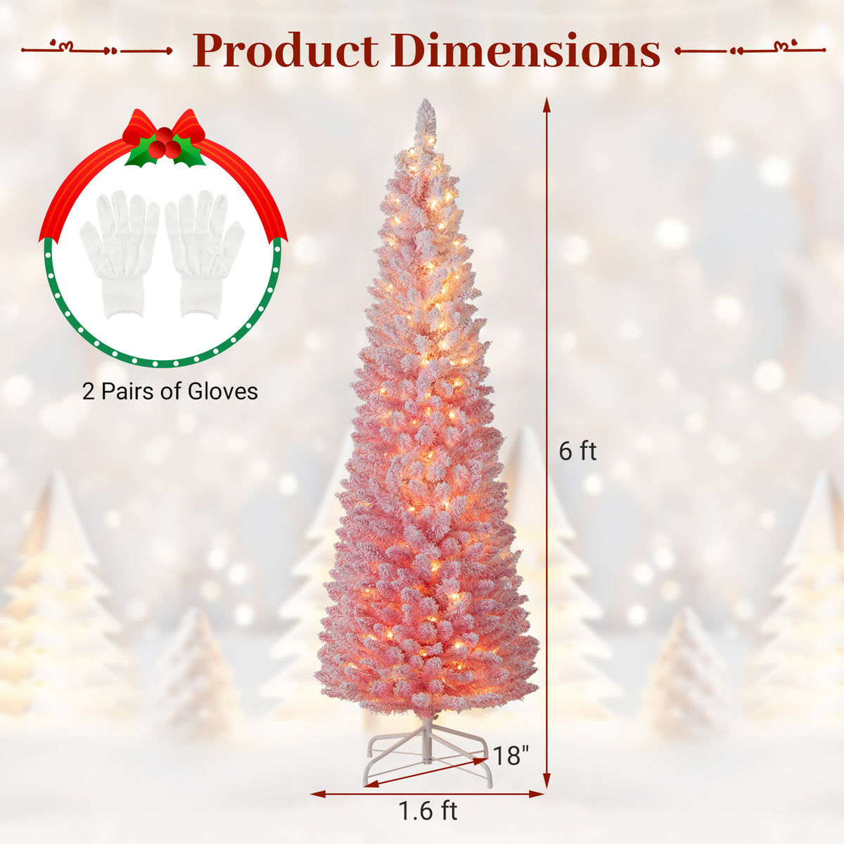 6 FTSnow-flocked Artificial Pink Christmas Tree Pre-lit Hinged Xmas Tree for Holiday Decoration-Christmas Trees-DECOROLALA