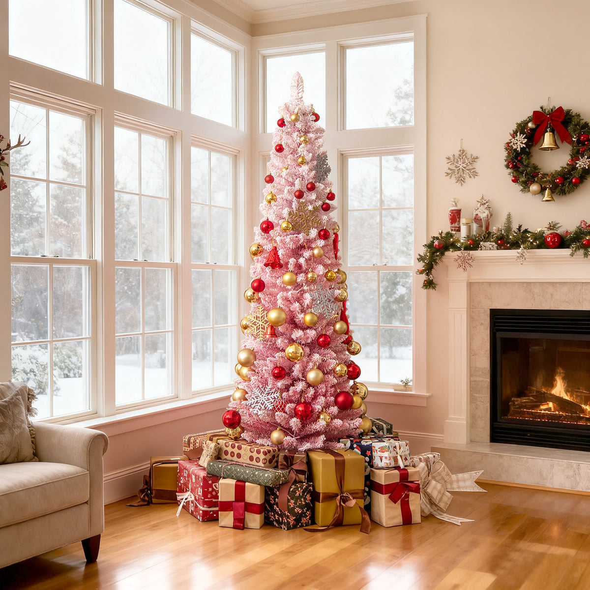 6 FTSnow-flocked Artificial Pink Christmas Tree Pre-lit Hinged Xmas Tree for Holiday Decoration-Christmas Trees-DECOROLALA
