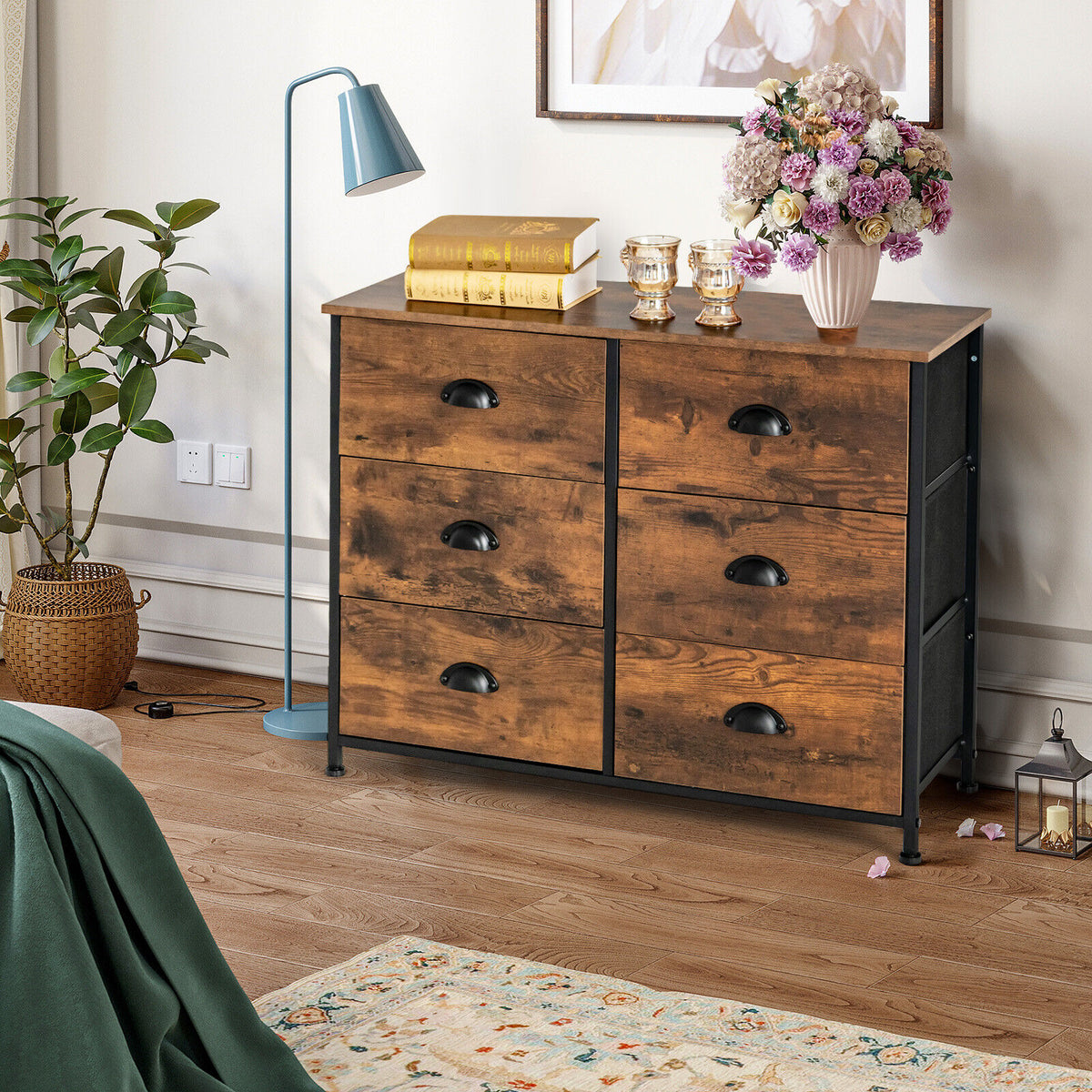 6 Fabric Drawer Storage Chest with Wooden Top-Rustic Brown-Dressers & Chests-DECOROLALA