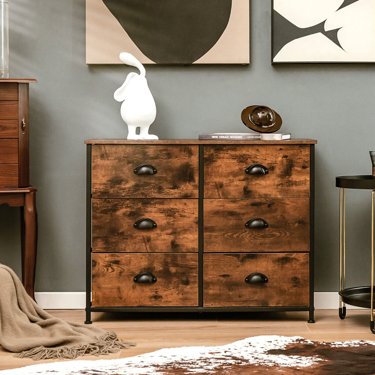 6 Fabric Drawer Storage Chest with Wooden Top-Rustic Brown-Dressers & Chests-DECOROLALA