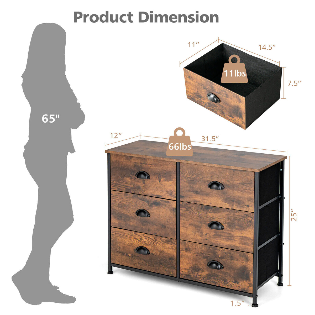 6 Fabric Drawer Storage Chest with Wooden Top-Rustic Brown-Dressers & Chests-DECOROLALA