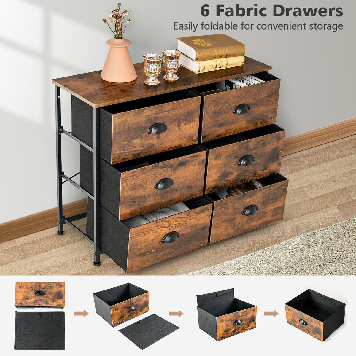 6 Fabric Drawer Storage Chest with Wooden Top-Rustic Brown-Dressers & Chests-DECOROLALA