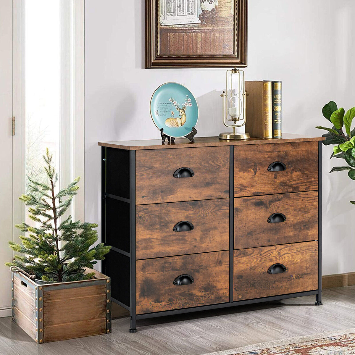 6 Fabric Drawer Storage Chest with Wooden Top-Rustic Brown-Dressers & Chests-DECOROLALA