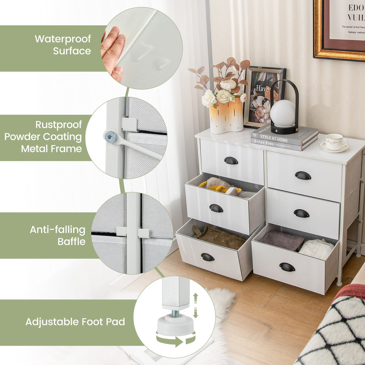 6 Fabric Drawers Storage Chest - White (min order qty 2)-Dressers & Chests-DECOROLALA