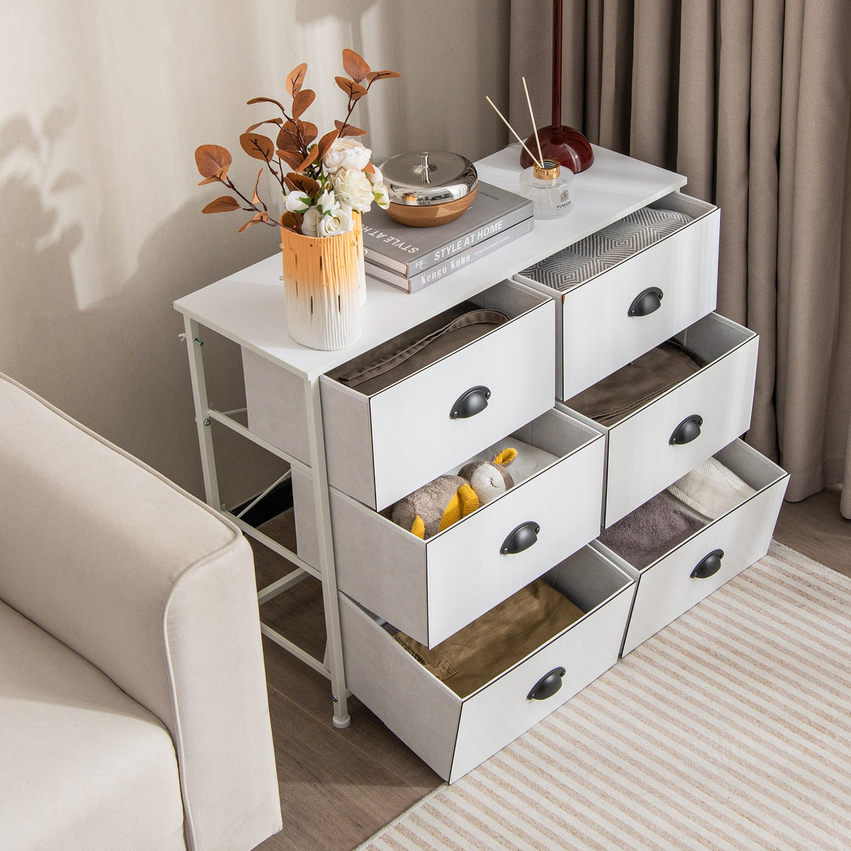 6 Fabric Drawers Storage Chest - White (min order qty 2)-Dressers & Chests-DECOROLALA