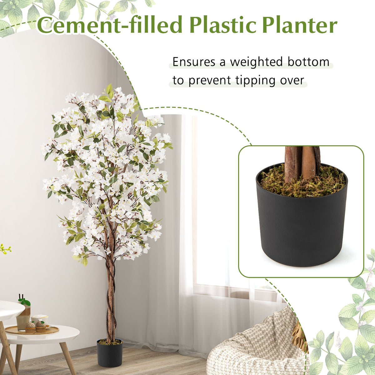 6 Feet Artificial Bougainvillea Tree with 910 White Flowers- Set of 2-Artificial Plants-DECOROLALA