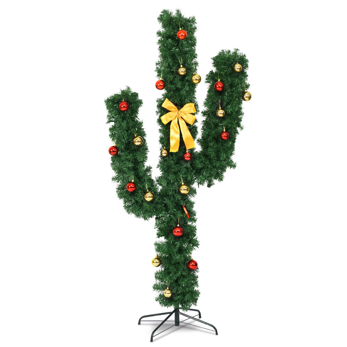 6 Feet Artificial Cactus PVC Christmas Tree with LED Lights and Ball Ornaments-6 ft-Christmas Trees-DECOROLALA