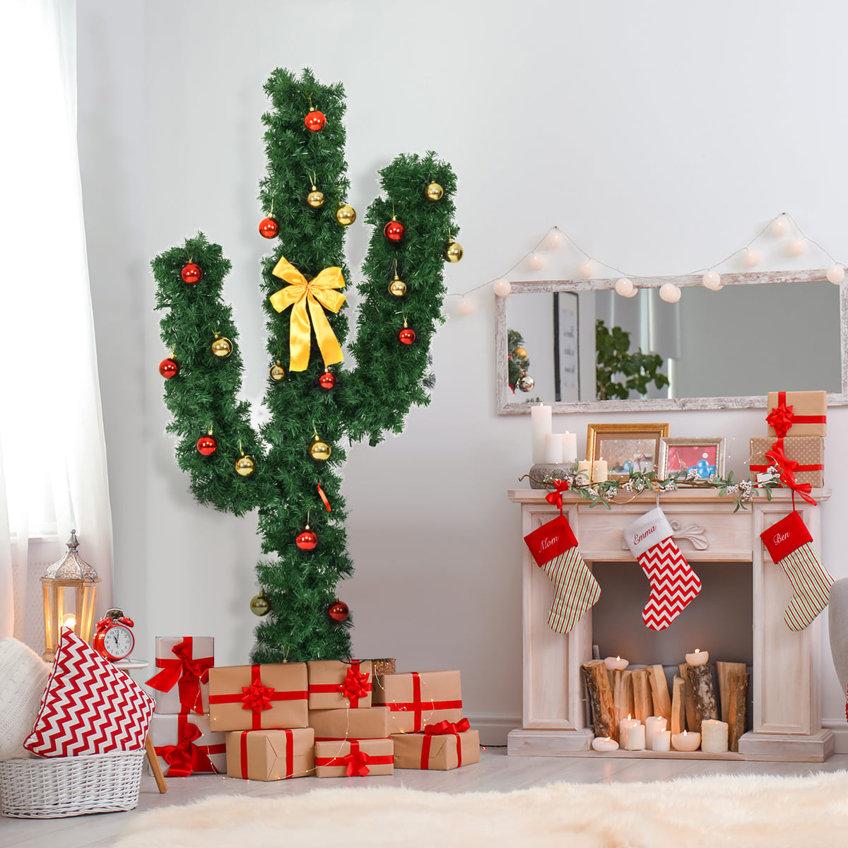 6 Feet Artificial Cactus PVC Christmas Tree with LED Lights and Ball Ornaments-6 ft-Christmas Trees-DECOROLALA