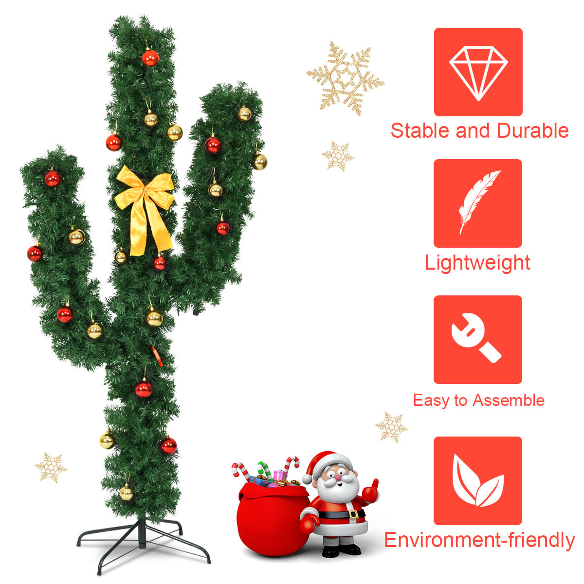 6 Feet Artificial Cactus PVC Christmas Tree with LED Lights and Ball Ornaments-6 ft-Christmas Trees-DECOROLALA