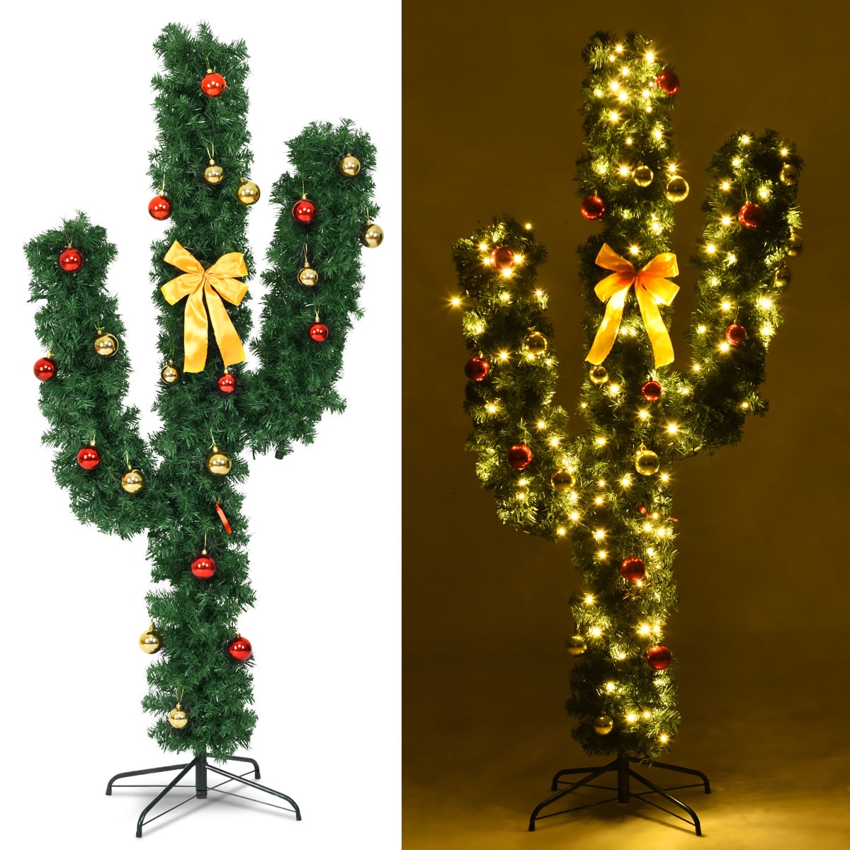 6 Feet Artificial Cactus PVC Christmas Tree with LED Lights and Ball Ornaments-6 ft-Christmas Trees-DECOROLALA