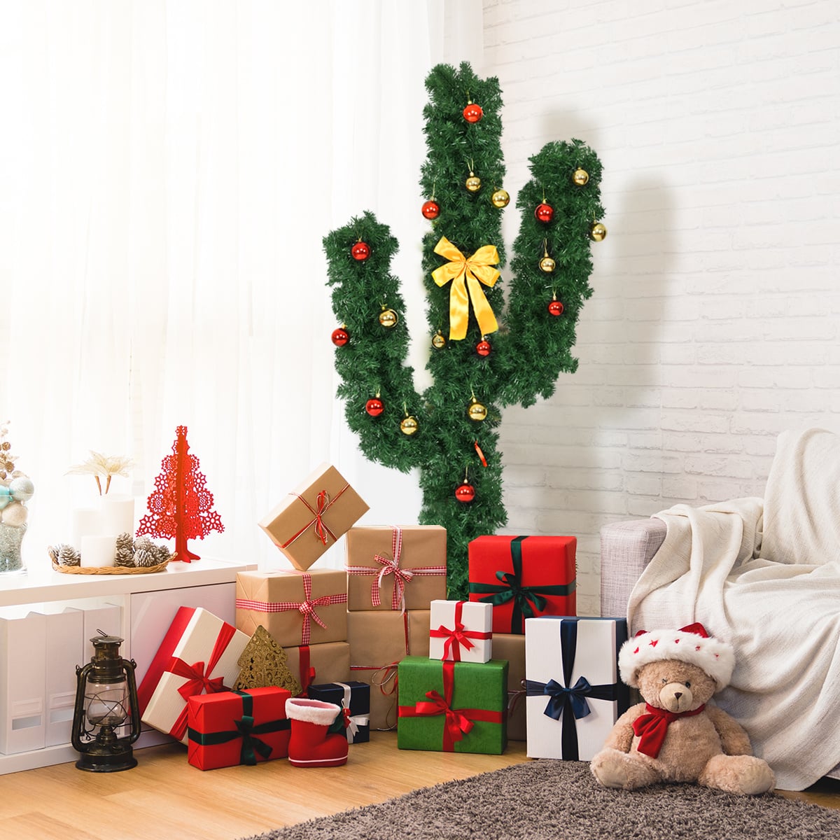 6 Feet Artificial Cactus PVC Christmas Tree with LED Lights and Ball Ornaments-6 ft-Christmas Trees-DECOROLALA
