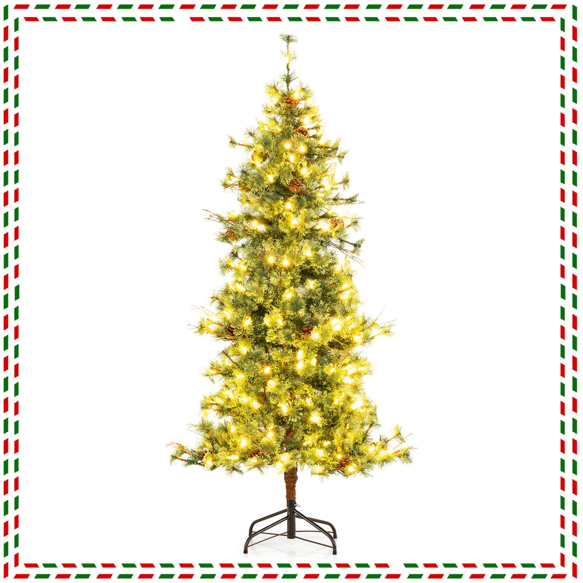 6 Feet Artificial Christmas Tree Pre-lit Hinged Xmas Tree with Warm White LED Lights and Pine Cones-Christmas Trees-DECOROLALA