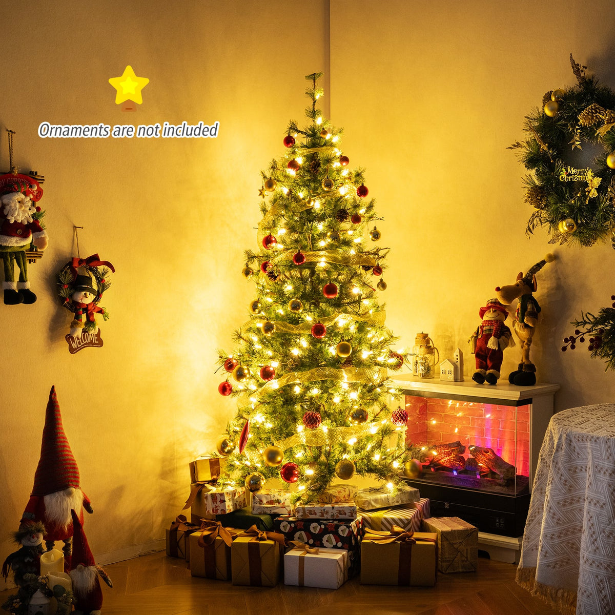 6 Feet Artificial Christmas Tree Pre-lit Hinged Xmas Tree with Warm White LED Lights and Pine Cones-Christmas Trees-DECOROLALA