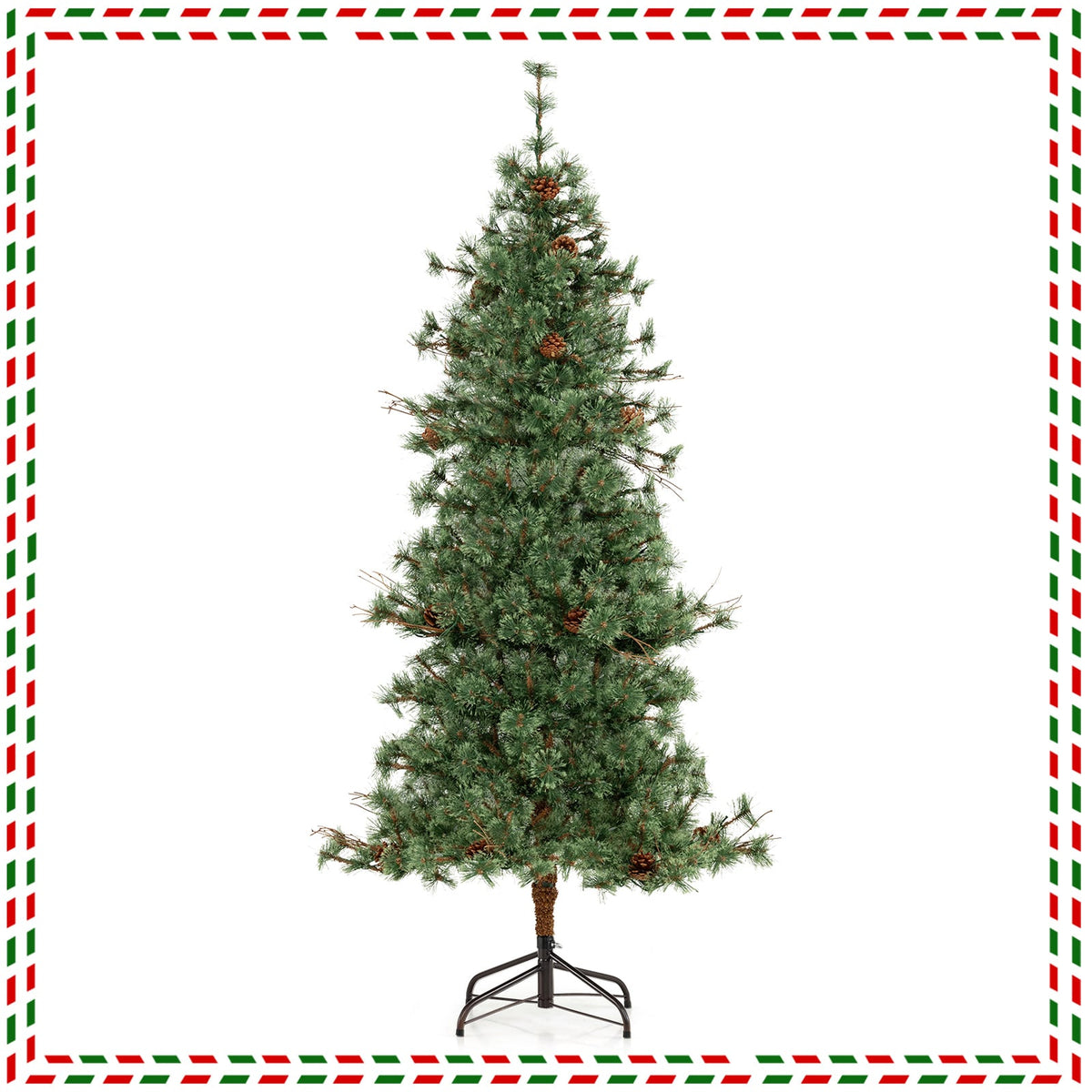 6 Feet Artificial Christmas Tree Pre-lit Hinged Xmas Tree with Warm White LED Lights and Pine Cones-Christmas Trees-DECOROLALA