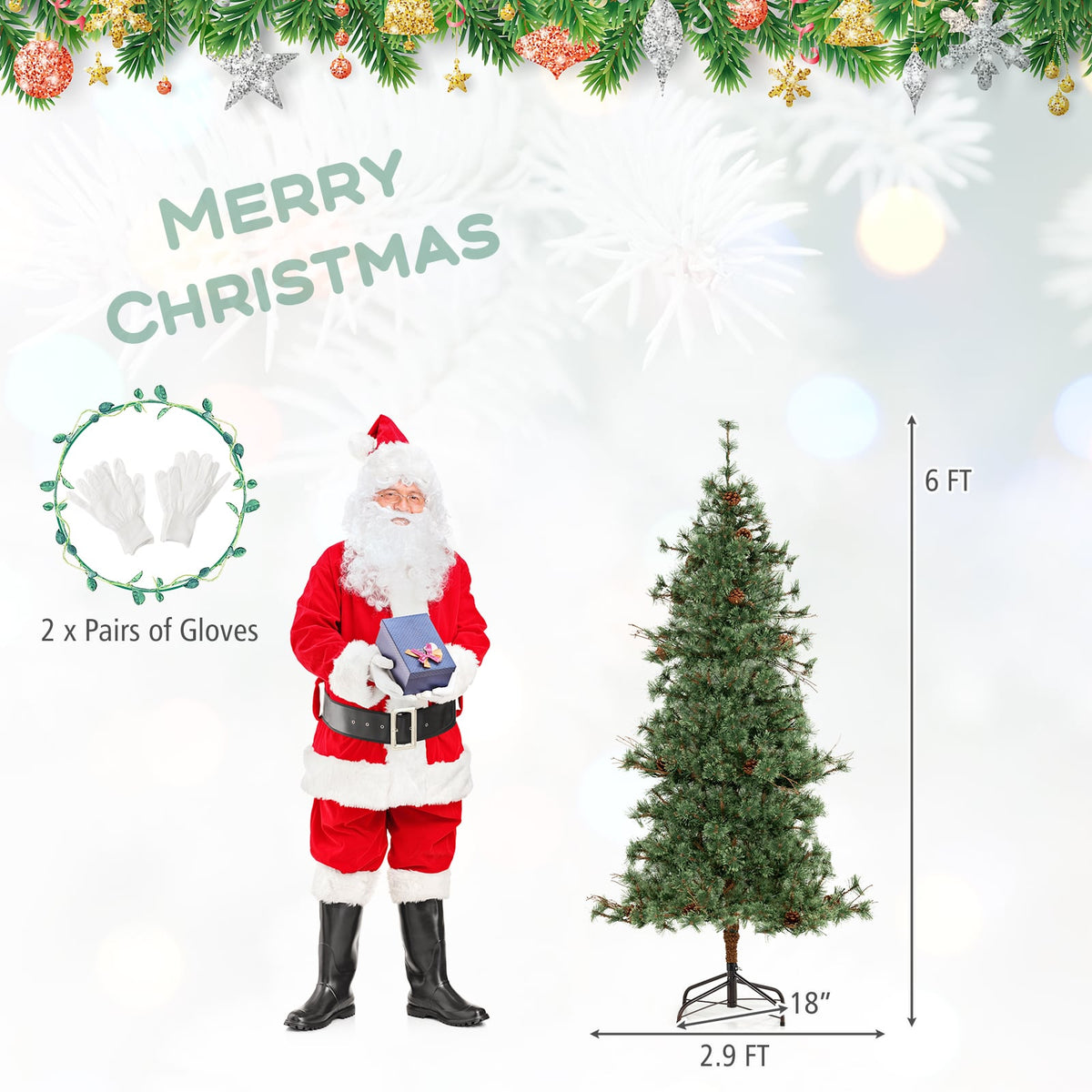 6 Feet Artificial Christmas Tree Pre-lit Hinged Xmas Tree with Warm White LED Lights and Pine Cones-Christmas Trees-DECOROLALA