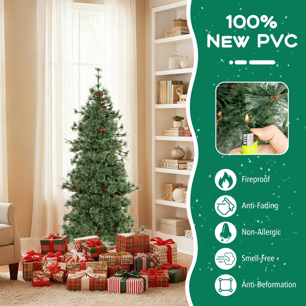 6 Feet Artificial Christmas Tree Pre-lit Hinged Xmas Tree with Warm White LED Lights and Pine Cones-Christmas Trees-DECOROLALA