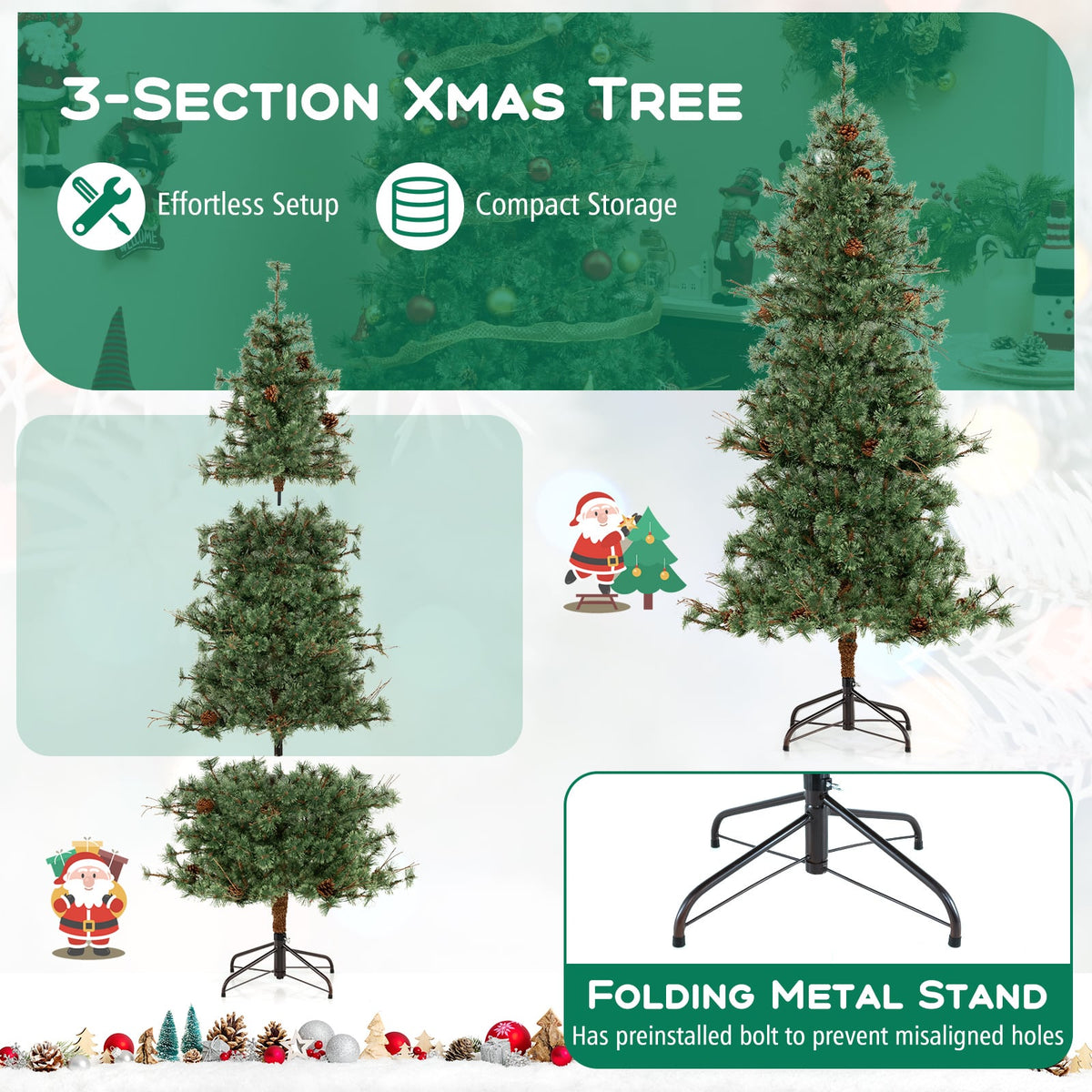 6 Feet Artificial Christmas Tree Pre-lit Hinged Xmas Tree with Warm White LED Lights and Pine Cones-Christmas Trees-DECOROLALA