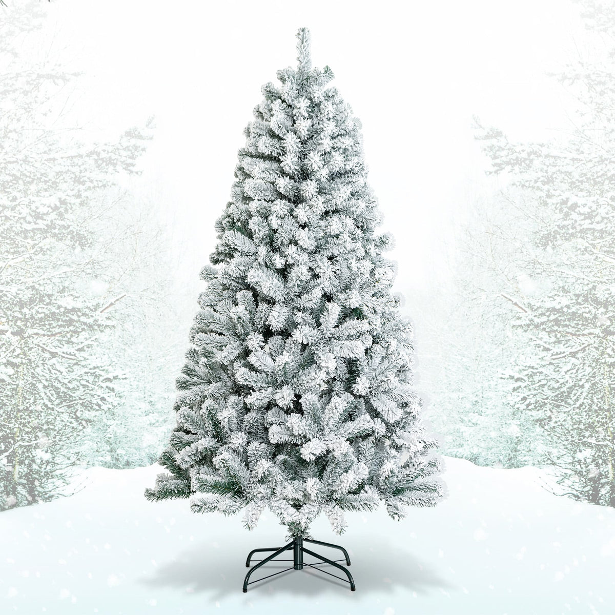 6 Feet Artificial Snow Decorated Flocked Hinged Christmas Tree with Metal Stand-Christmas Trees-DECOROLALA