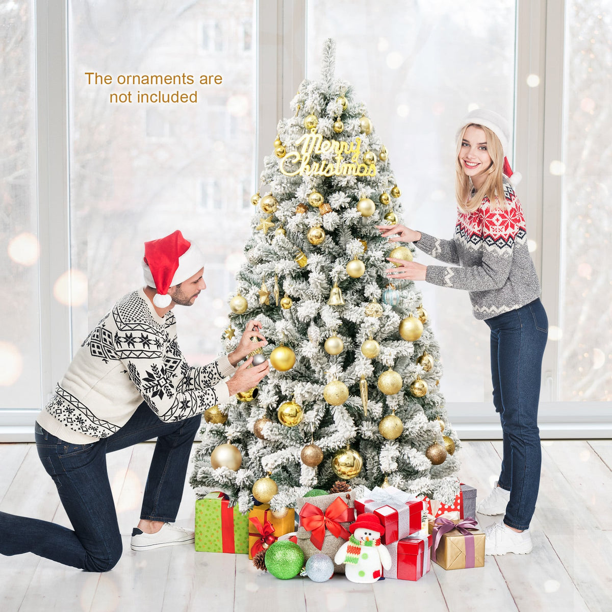 6 Feet Artificial Snow Decorated Flocked Hinged Christmas Tree with Metal Stand-Christmas Trees-DECOROLALA