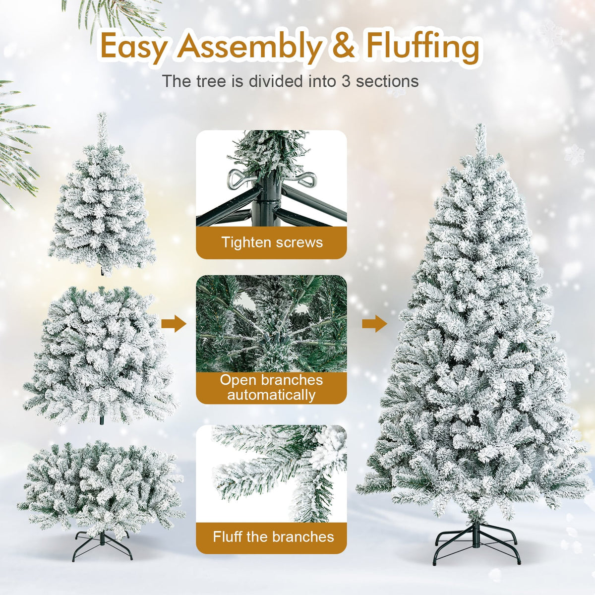 6 Feet Artificial Snow Decorated Flocked Hinged Christmas Tree with Metal Stand-Christmas Trees-DECOROLALA